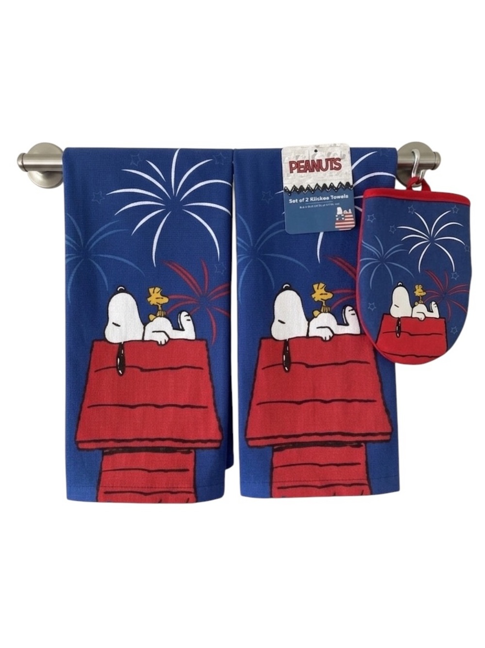 Peanuts Snoopy Woodstock 4th of July Patriotic Setof 2 Kitchen Towels & 2  Mitts
